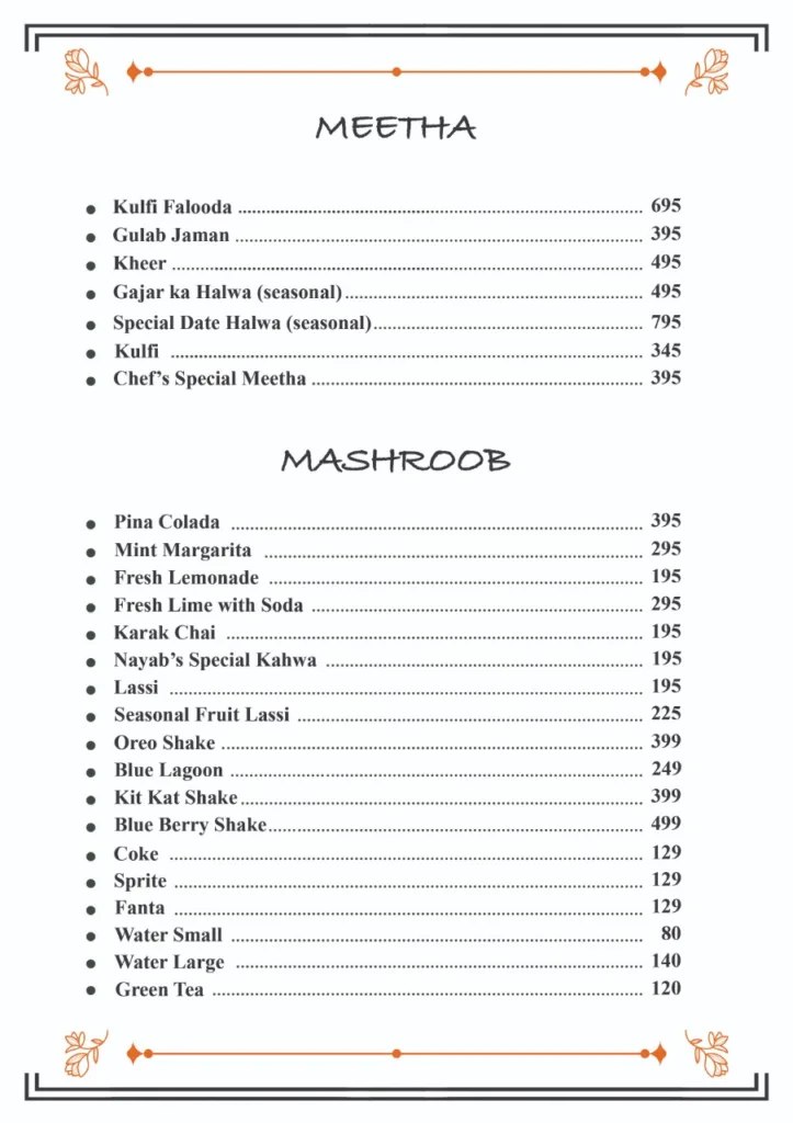 Nayabs Restaurant Lahore Menu Image